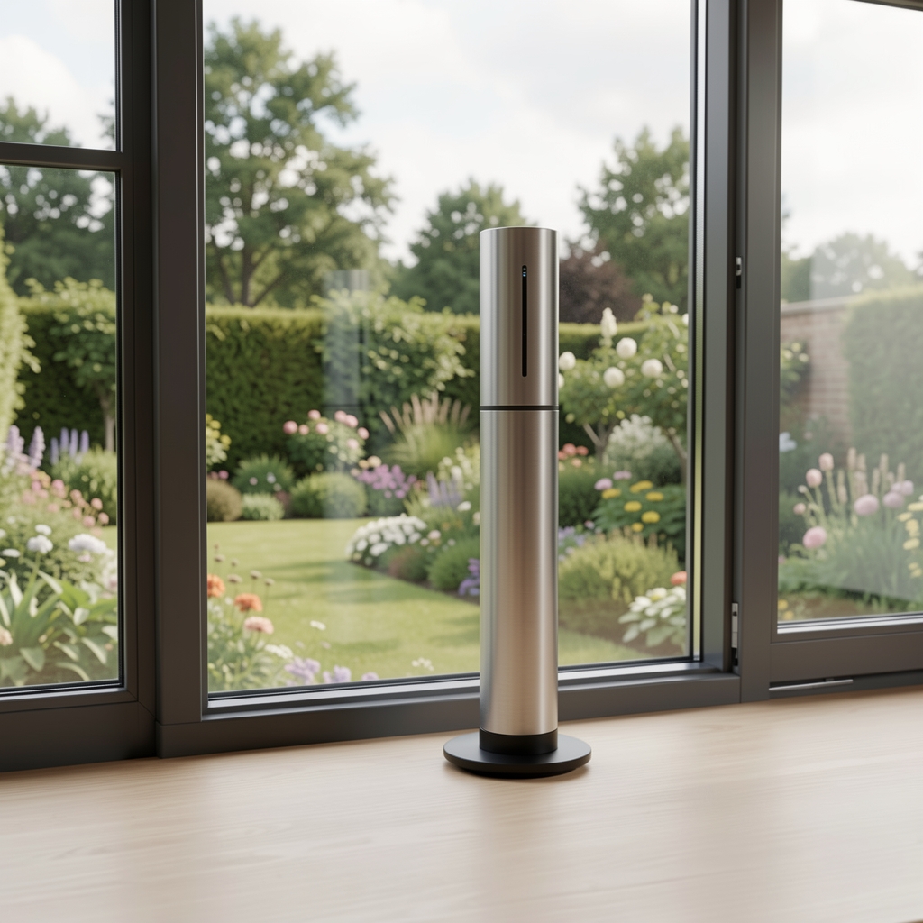 Netatmo паметна метео станица у облику округлог металног цилиндра постављена на биро поред прозора са погледом на башту